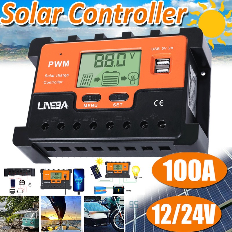 100A Solar Panel Battery Charge Controller 12V/24V LCD Regulator Auto Dual USB