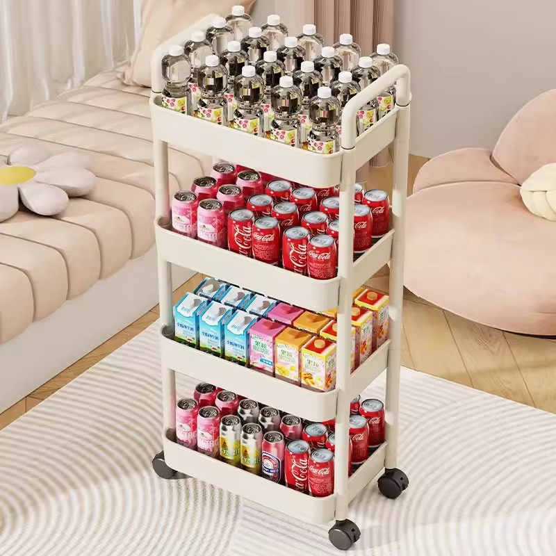 Trolley with Handlebar and Storage Rack, Floor-Standing, Multi-Layer Storage