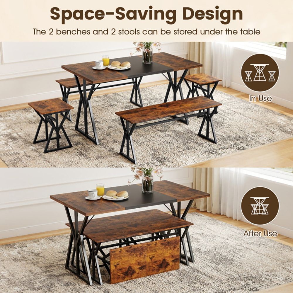 Space-Saving 5-Pc Industrial Dining Set: Table, Benches, Stools