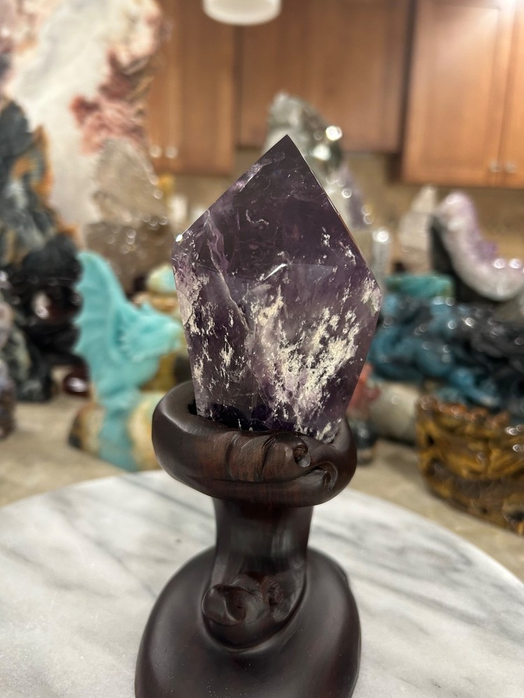Amethyst quartz point with custom wood stand