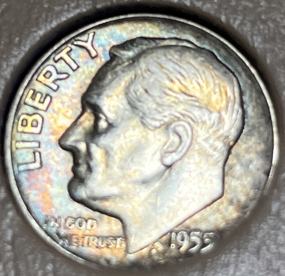 1955 D Roosevelt Silver Dime Rainbow Toning Uncirculated