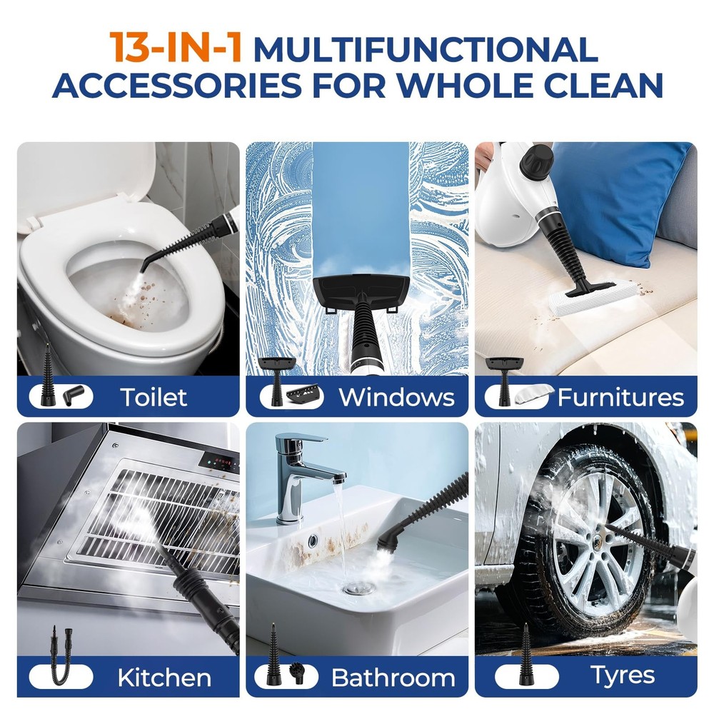 Steam Cleaner, Pressurized Handheld 13pcs Multi-Purpose Natural Deep Cleaning...
