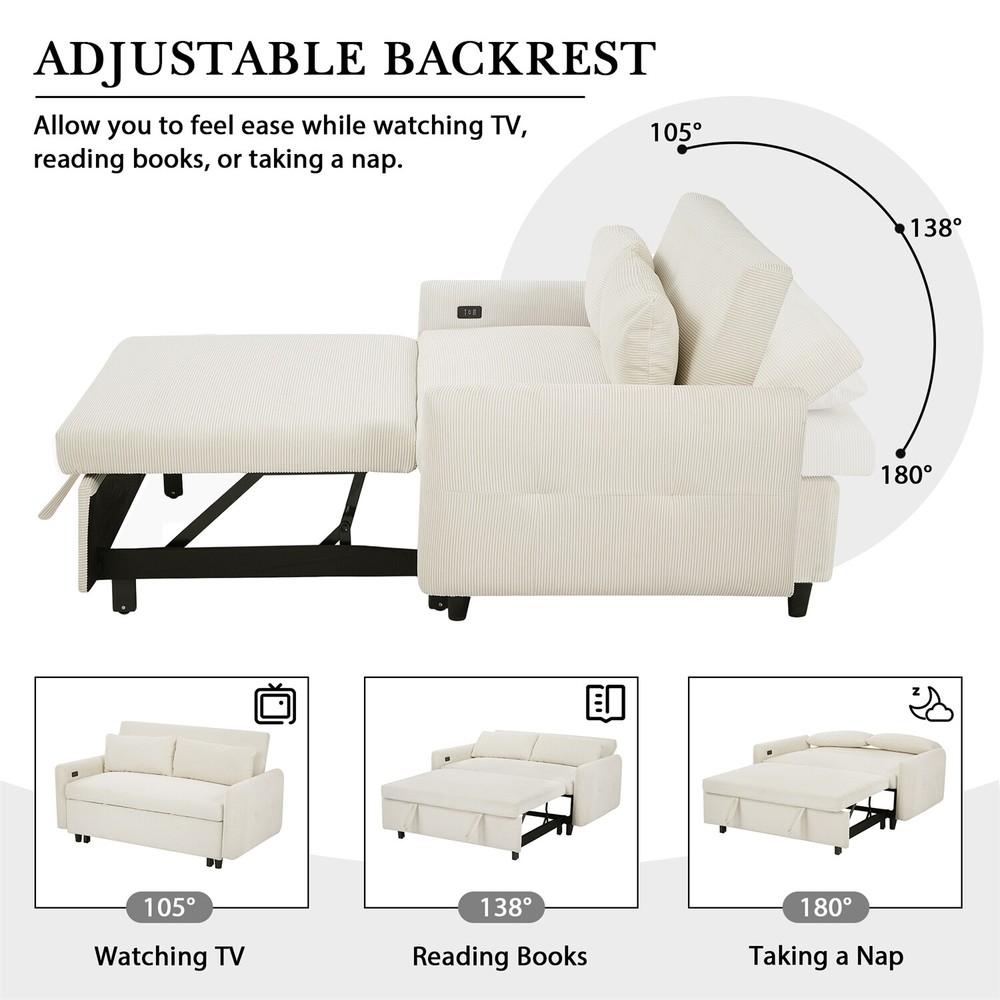 Convertible Sleeper Sofa Bed Loveseat Sofa Couch w/ Pull Out Bed & USB Ports