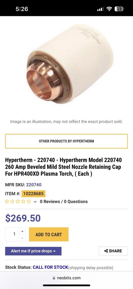 Hypertherm 220740 Cap HPR400XD 260A Bevel Nozzle Retaining Ms