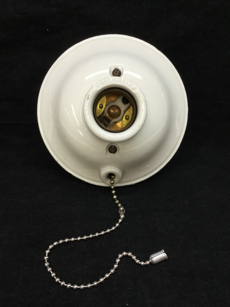 Antique Porcelain Flush Mount Pull Chain Fixture Rubberized Bulb Cage Guard