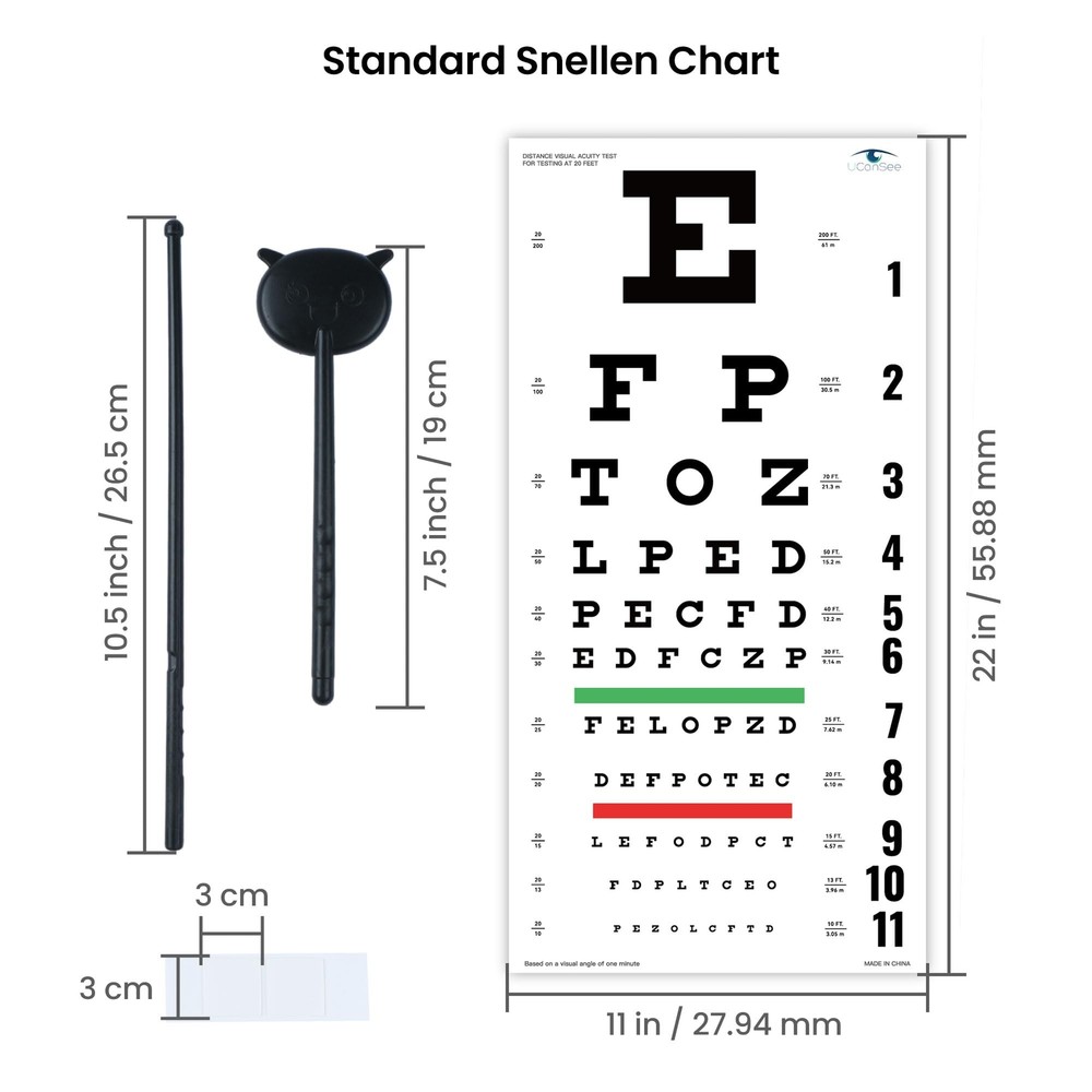 Snellen Eye Chart Visual Acuity Chart with Eye Occluder and Pointer for Eye E...