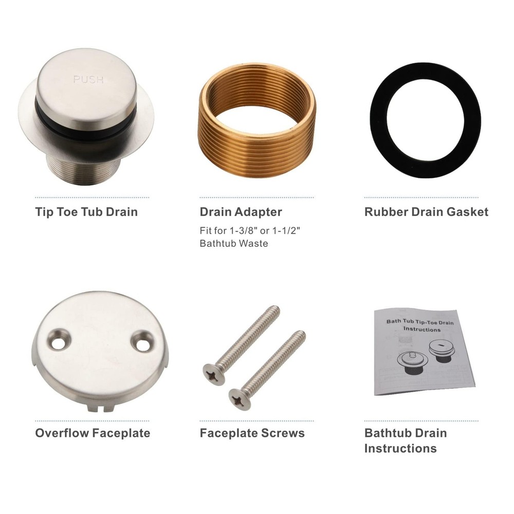 Brushed Nickel Tub Drain Tip-Toe Trim Set Conversion Kit