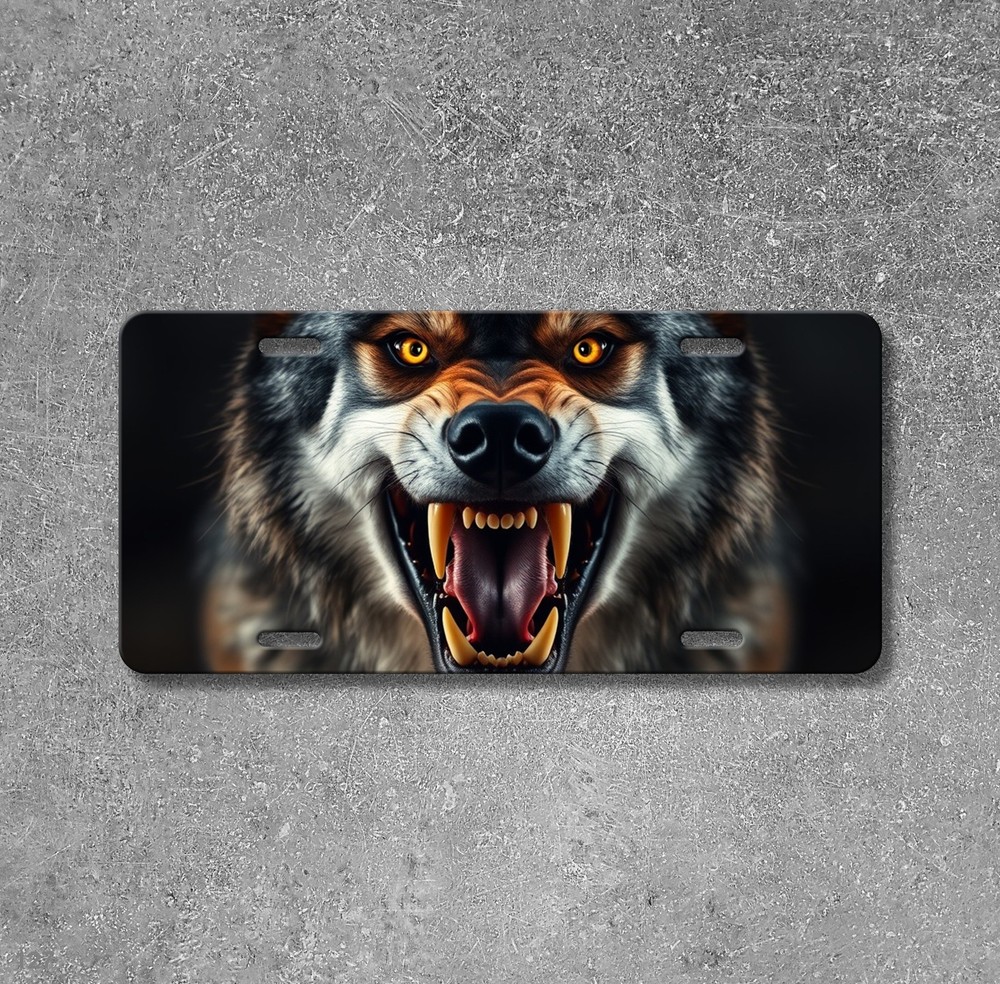 Intense Wolf License Plate with Fangs Personalized Auto Tag Gift Idea