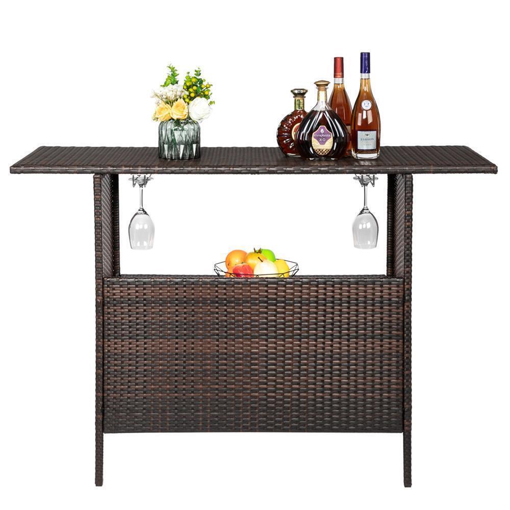 Rattan Wicker Bar Counter Table Patio Dining Table Double Layer Storage Brown