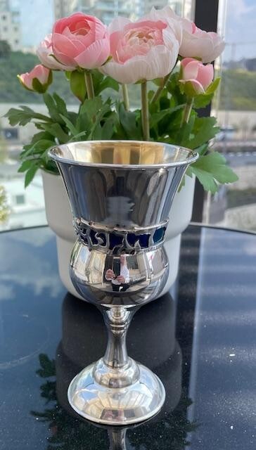 Sterling Silver Blue Enamel Kiddush Cup 6" Tall