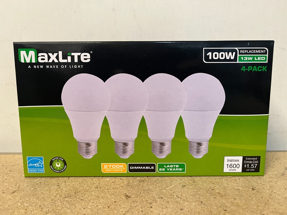 32 Pack Light Bulbs Maxlite 100W Equivalent LED Soft White 2700K A19 Dimmable