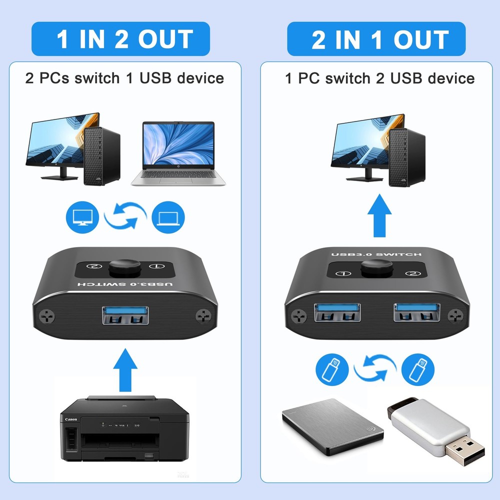 USB Switch, BiDirectional USB 3.0 Switch 2 in 1 Out/ 1 in 2 Out, USB Switcher...