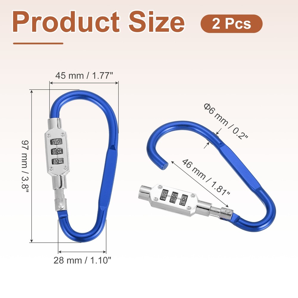 2 Pcs 3.8" x 1.8" D-Shaped 3-Digit Code Combination Lock D-Ring Clip, Blue