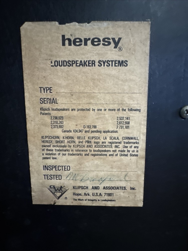 Klipsch Heresy I Vintage Speaker Single Unit Tested Working Read