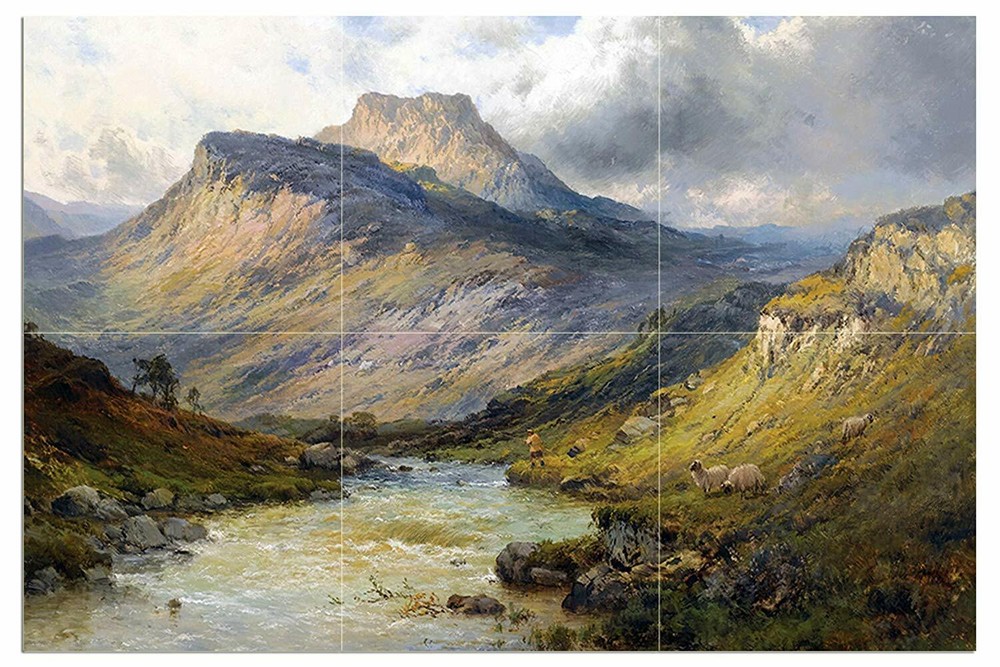 Tile Mural River Mountains Sheeps A. Breanski Kitchen Backsplash Marble Ceramic
