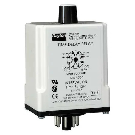Dayton 1Egc9 Single Function Time Delay Relay, Octal, Interval, 1 Functions