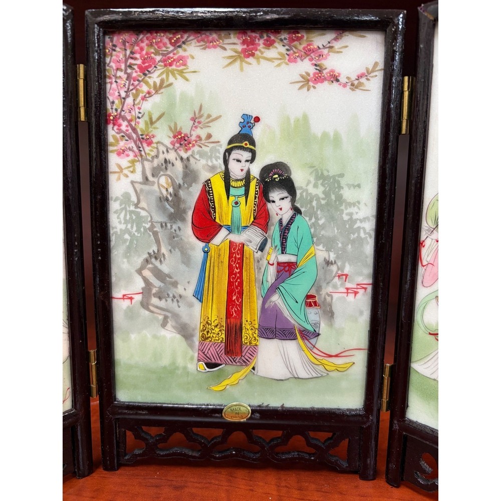 Vintage Chinese Marble Panel Folding Table Screen 5 Panel Wood Frame