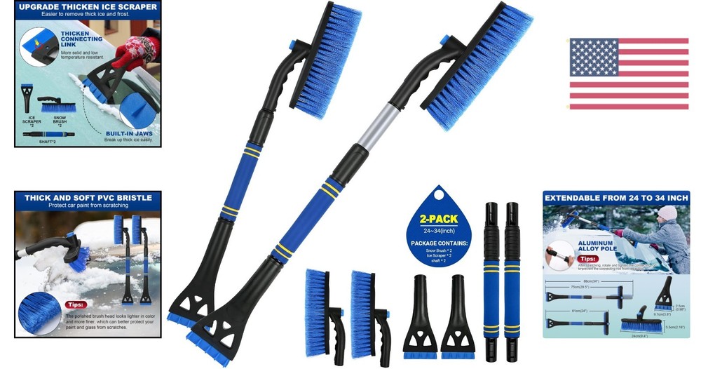 Extendable 2-in-1 Snow Brush & Ice Scraper - Protects Car Paint - 2-Pack