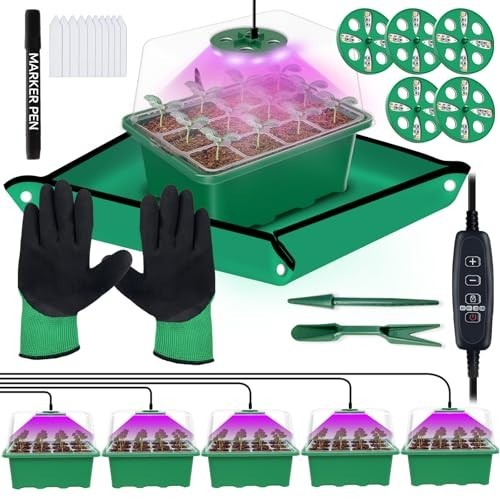 5-Pack Seed Starter Tray with Grow Light, 60 Cells, Adjustable Brightness, Mini