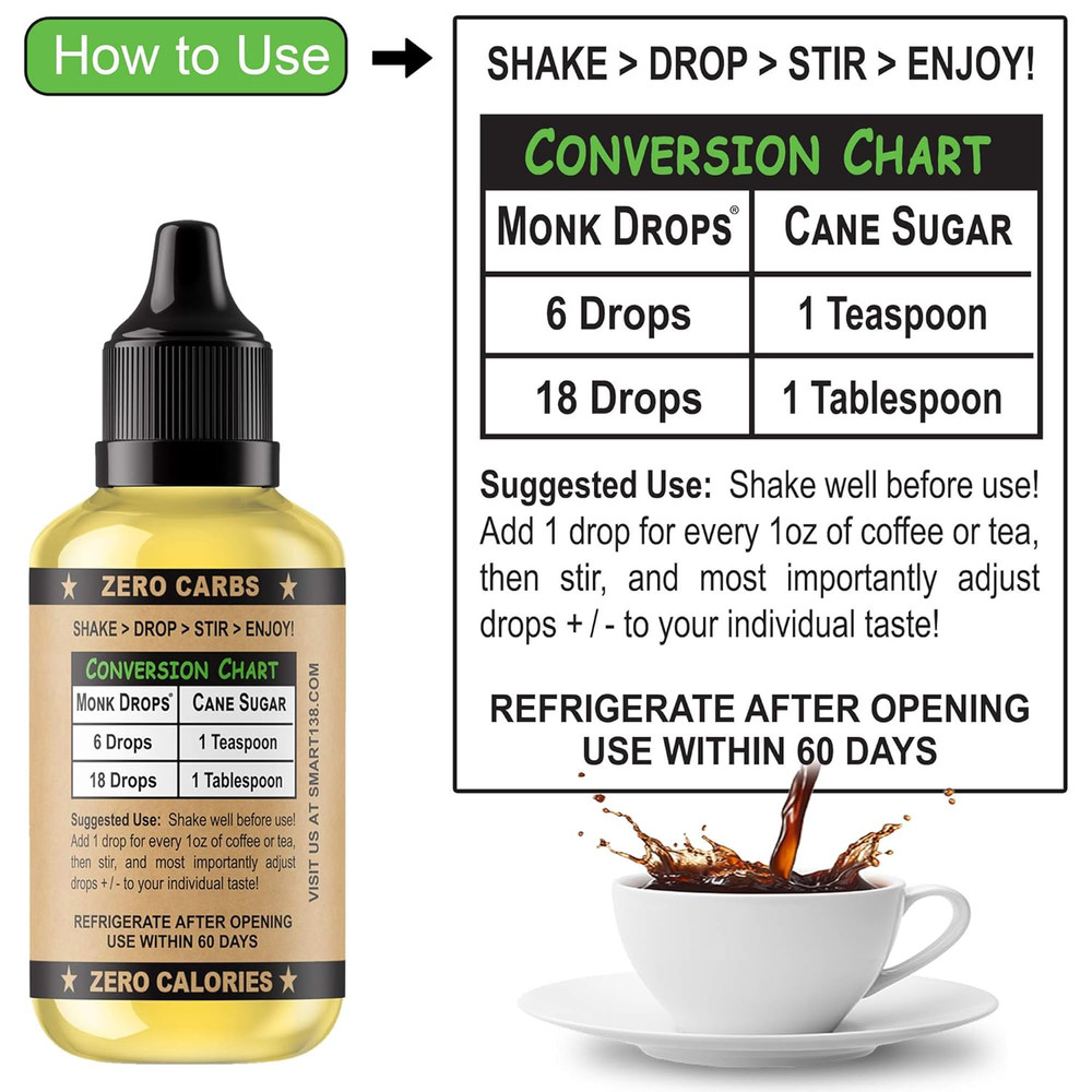 Monk Drops - 100% Monkfruit Liquid Sweetener, Zero Glycemic, Zero Calories, Zero