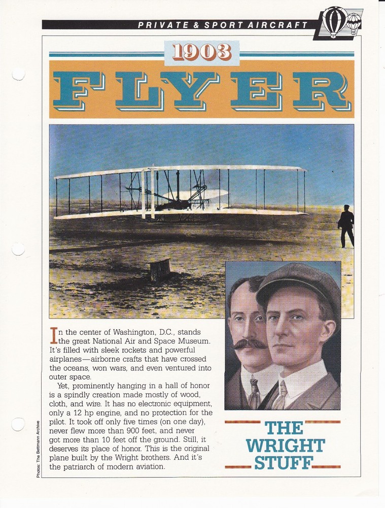 Wright Brother's 1903 Flyer Spec Sheet Fact Card