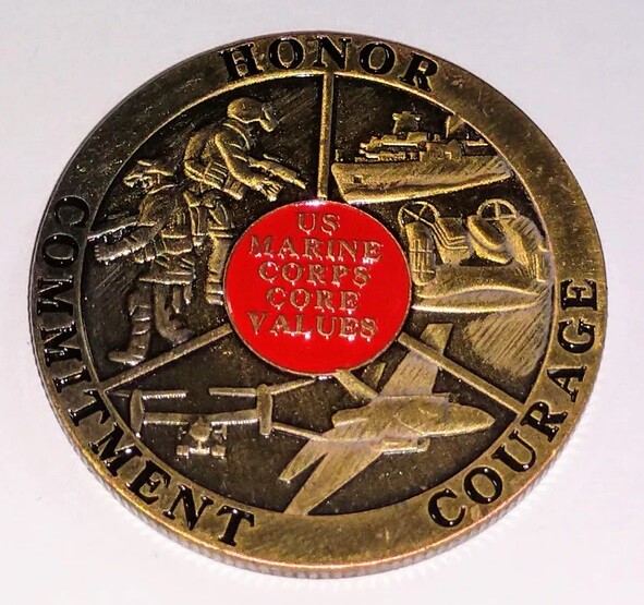 MARINE CORPS CORE VALUES HONOR - COMMITMENT - COURAGE COLORIZED CHALLENGE COIN