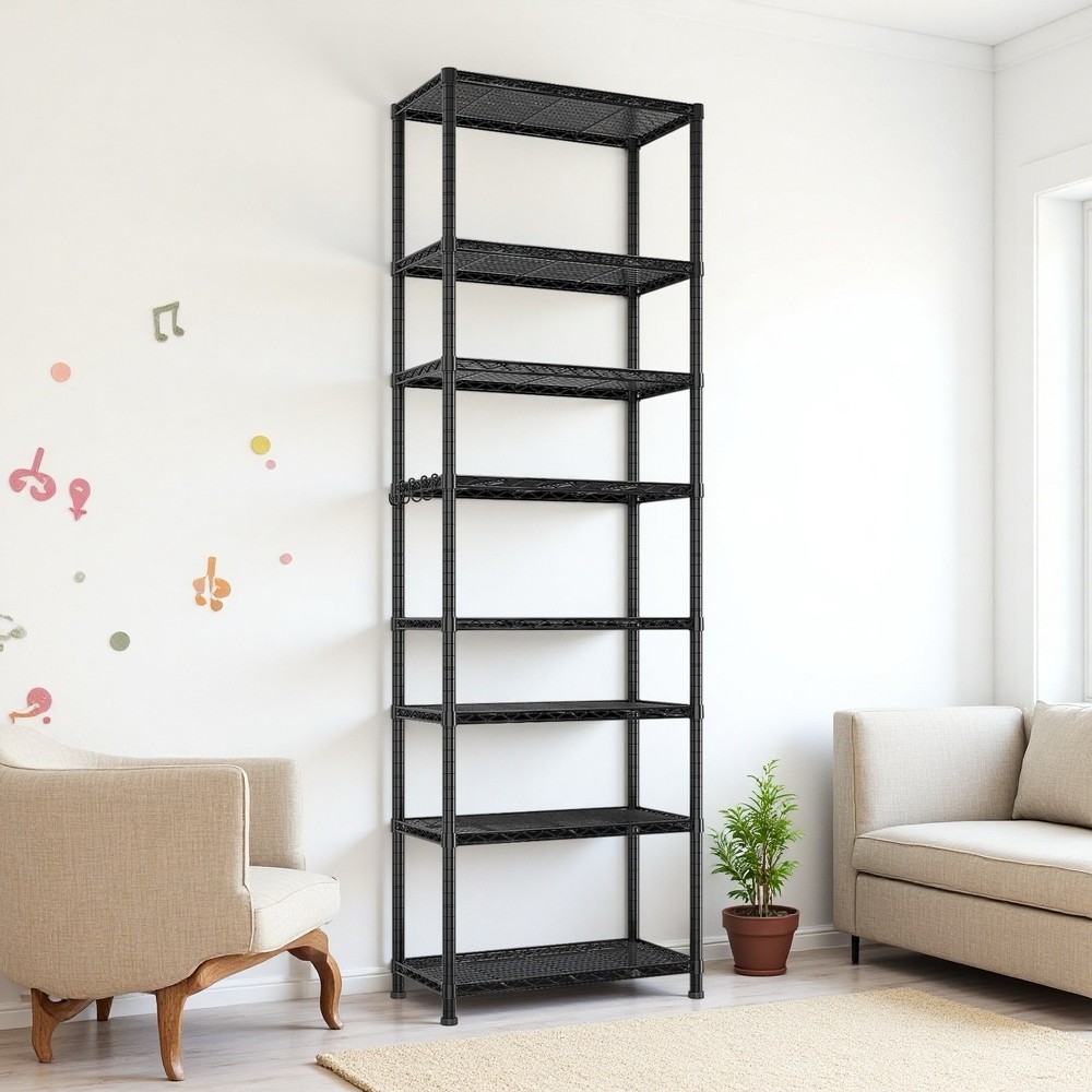 8-Tier Wire Shelving Unit - Heavy Duty, Adjustable, Modular, Hooks & Black