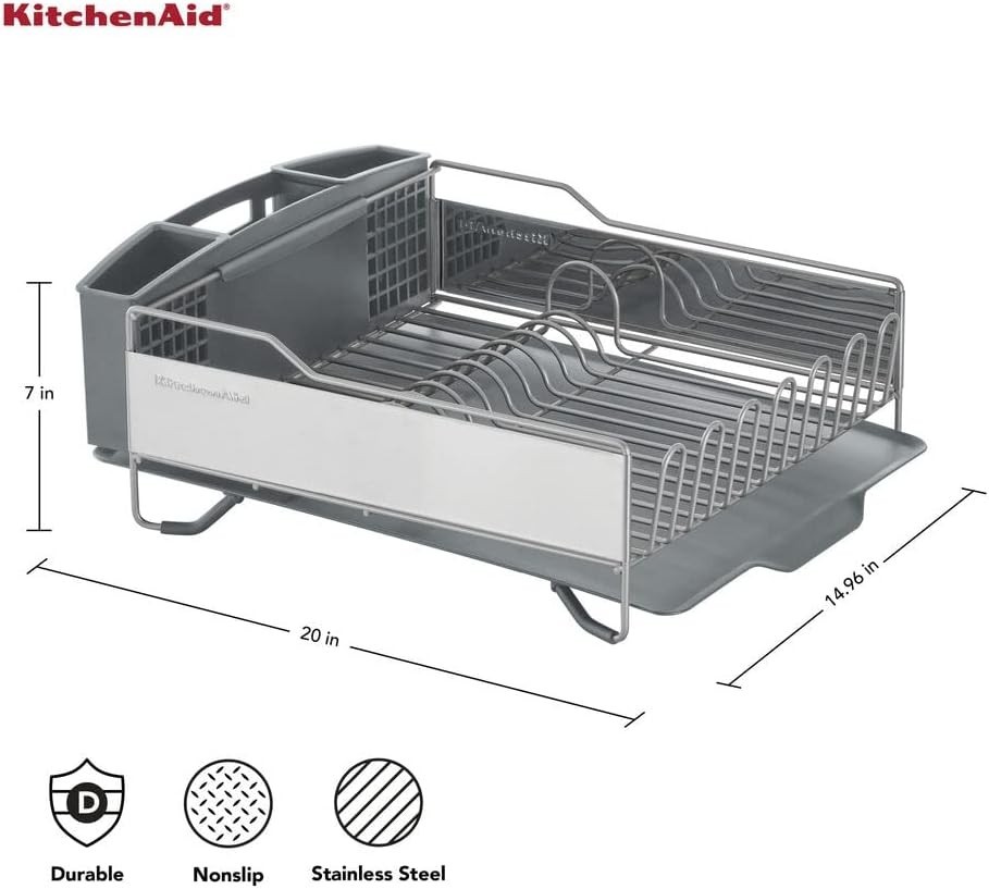 Dish Rack with Angled Drain Board and Removable Flatware Caddy, Light Grey