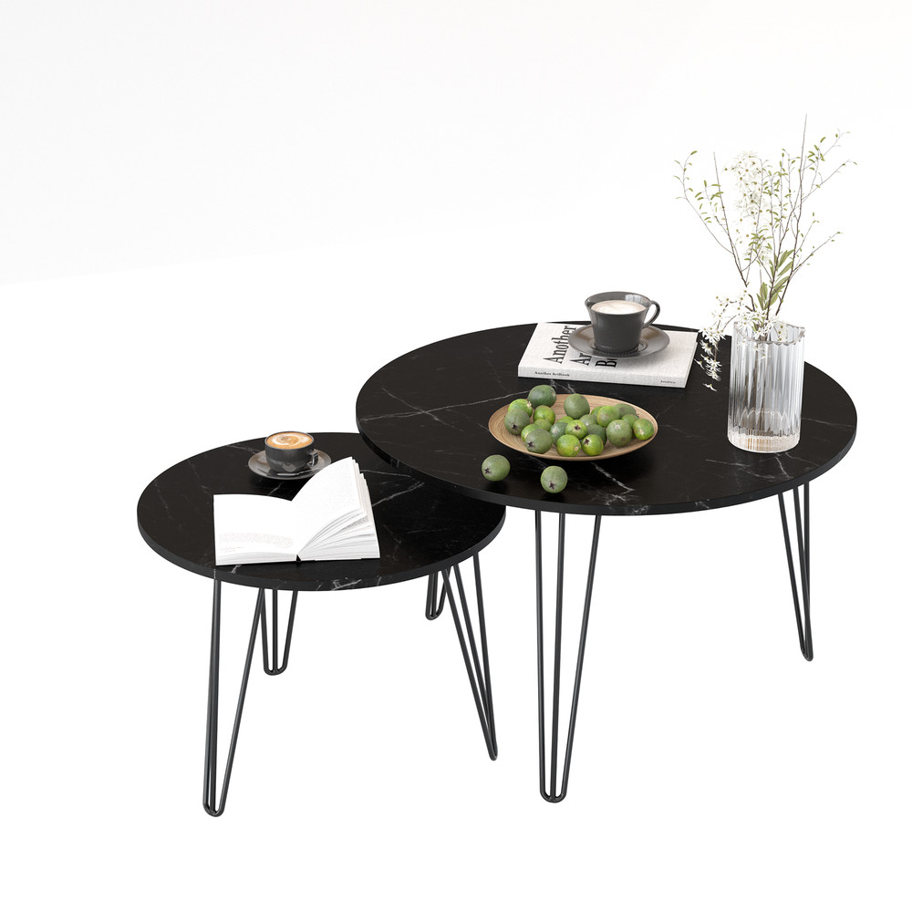 Round Nesting Coffee Table Set of 2, End Table Set, Imitation Marble Grain