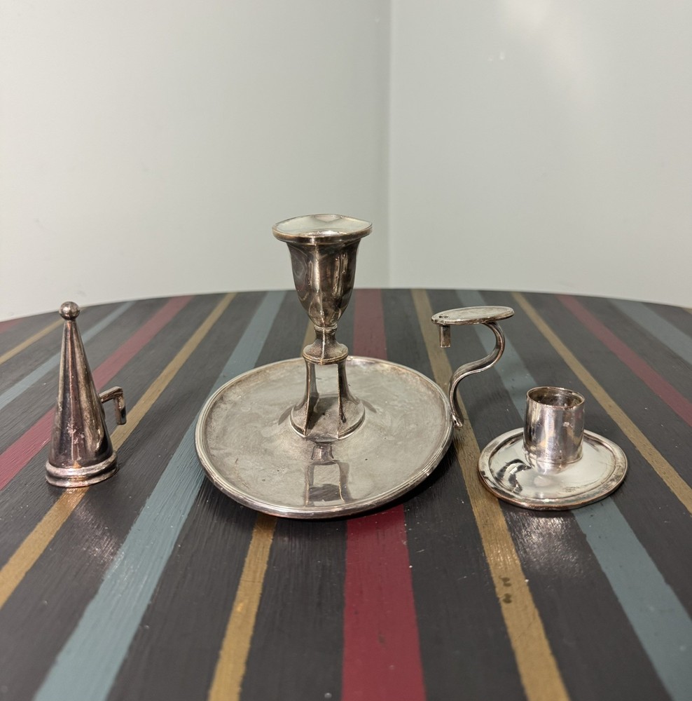 Antique Silver Plate Chamberstick Candlestick w/ Snuffer