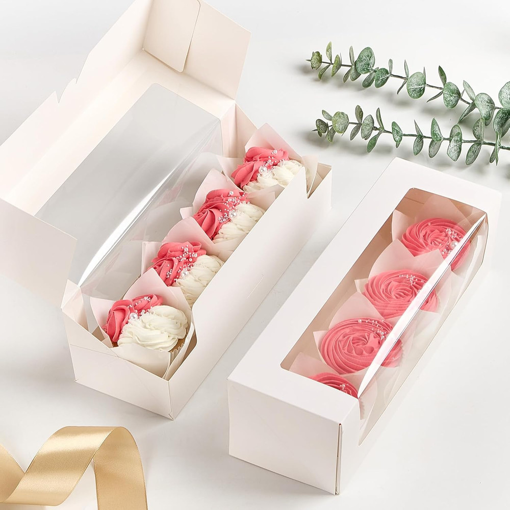 24 Pack 12"X 4" X 3.5" Roll Cake Boxes White Bakery Boxes Windows Auto-Popup