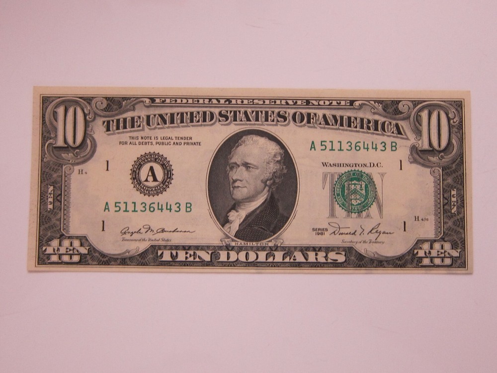 1981 $10 Printing Error on Back Uncirc #A51136443B