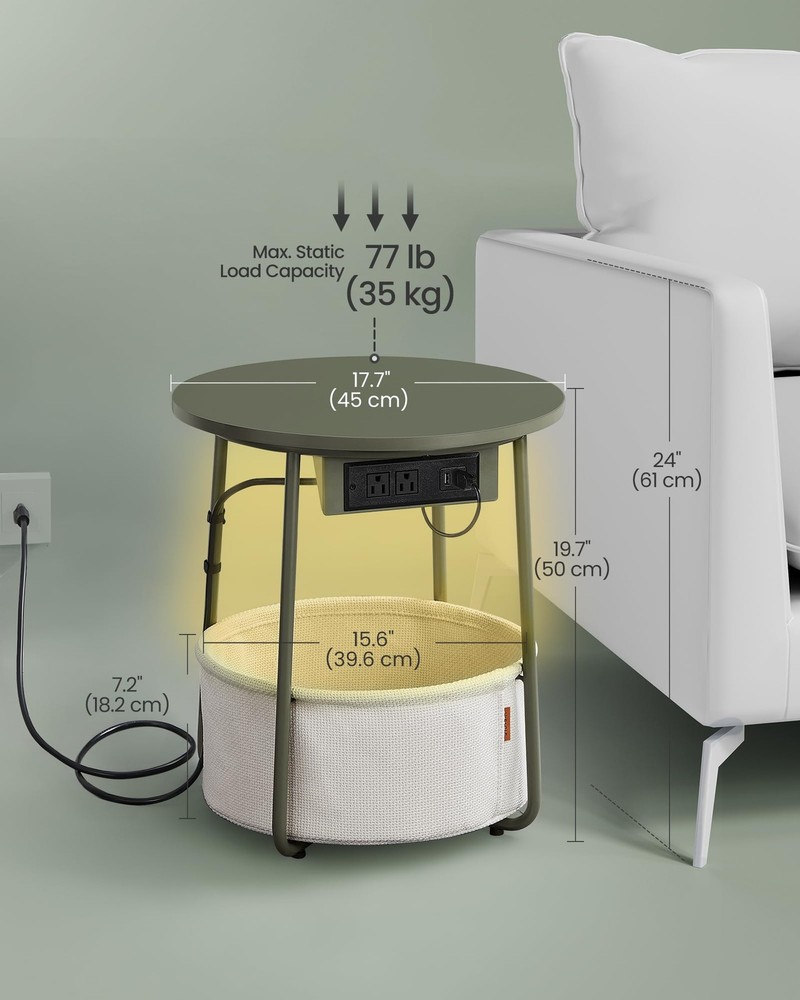 LILEA Collection - Side Table with Charging Station, Round End Table with Fab...