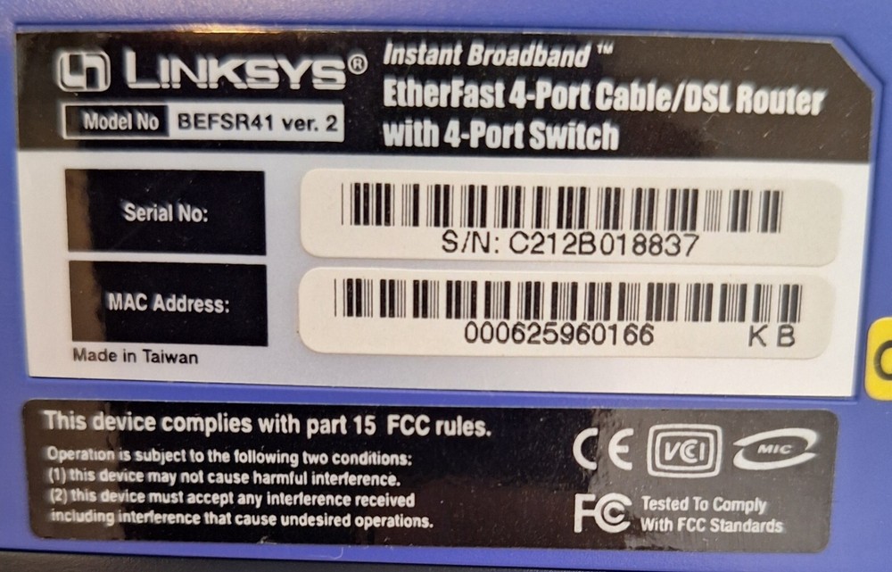 Linksys Etherfast Cable/DSL Router BEFSR41 Ver.2