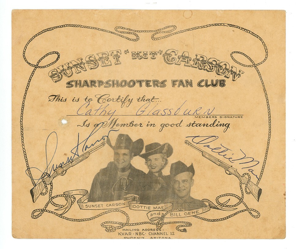 SUNSET CARSON, DOTTIE MAE signed certificate WESTERNS