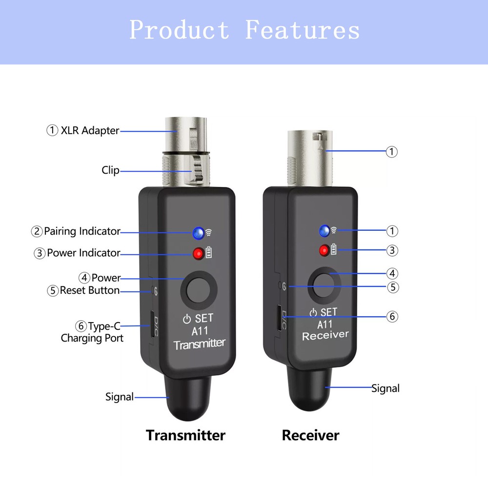Wireless Microphone System XLR Transmitter Receiver Rechargeable Speaker Adapter