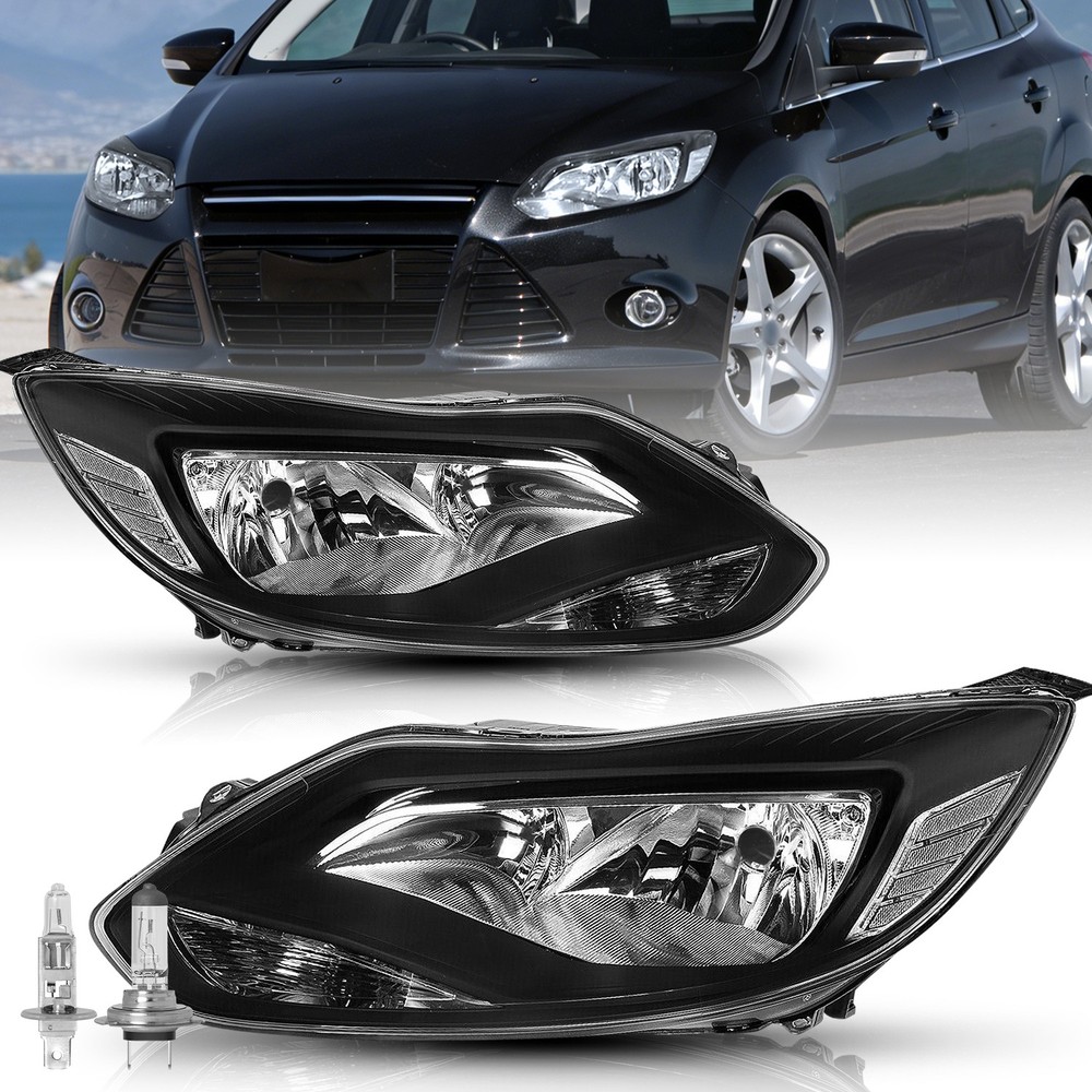Halogen Headlights For 2012-2014 Ford Focus with Bulbs Black Left +Right Pair