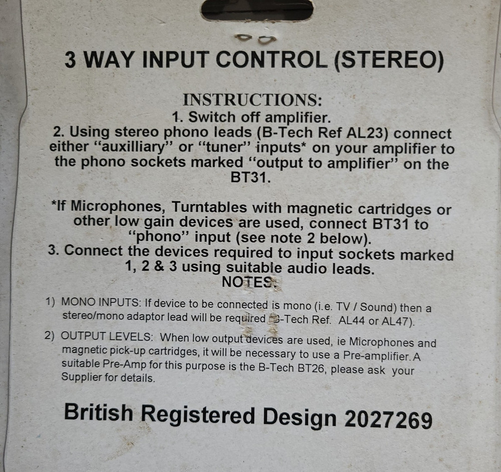 B TECH - 3 Way Input Control Switch - Stereo - BT31, New Old Stock