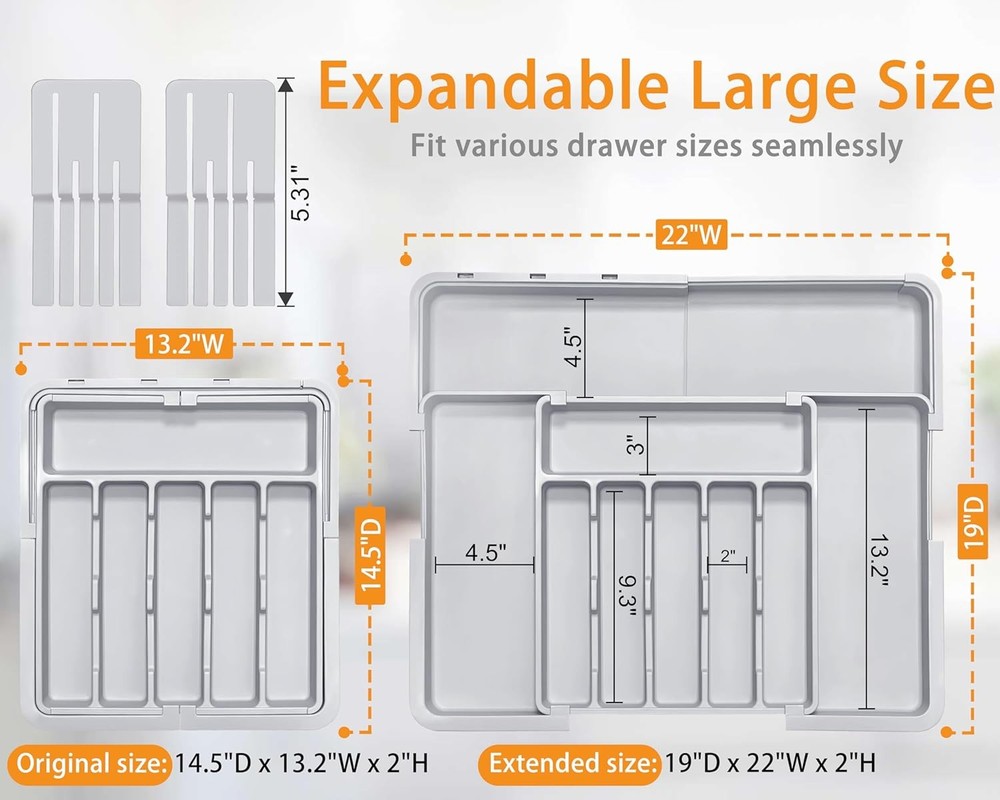 Silverware Drawer Organizer for Kitchen, Adjustable Utensil Grey