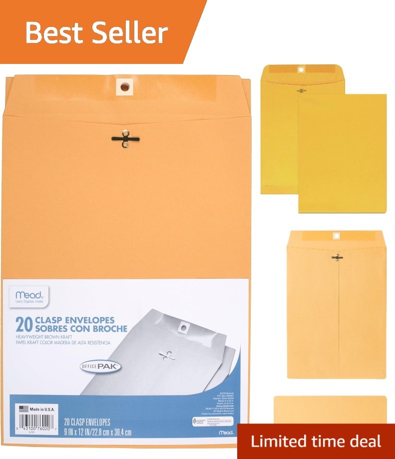 20 Count Brown Kraft Clasp Envelopes, 9" x 12", Secure Document Mailing
