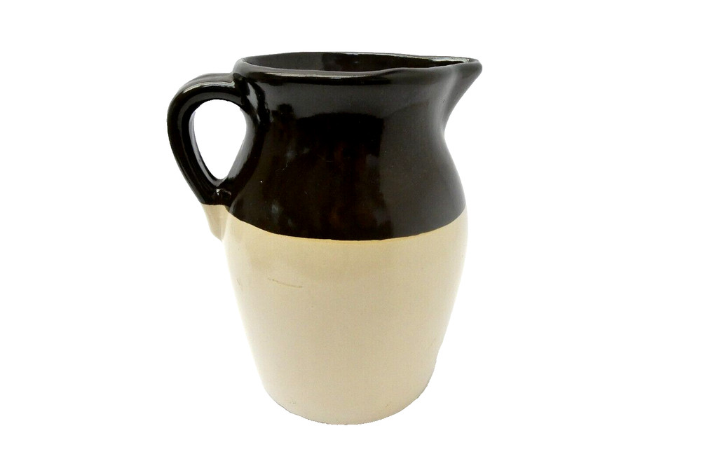 Brown Off-White Tan Single Handle Medium Size Stoneware Water Pitcher Jar
