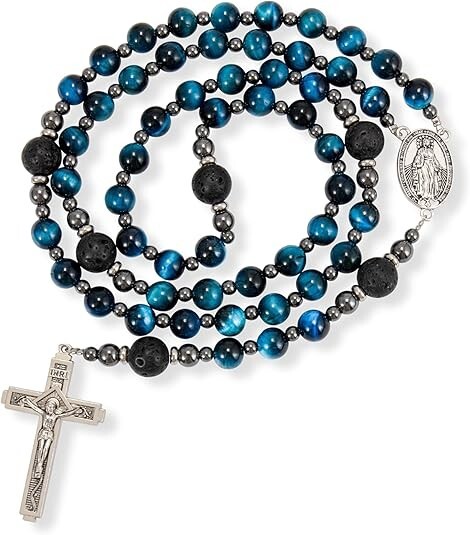 Men's Blue Tiger Eye Rosary with Lava Beads Cross & Miraculous Medal