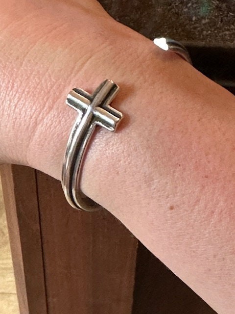 Cross Cuff Bracelet | 925 Sterling Silver Adjustable Open Bangle