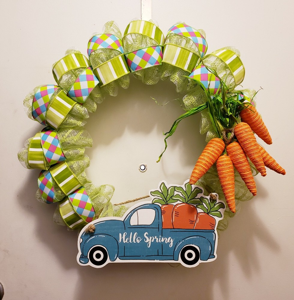 Hello Spring Truck Wreath - Mesh & Canvas Ribbon
