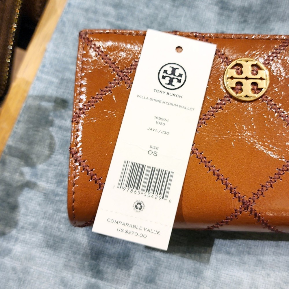 Latest Authentic Tory Burch Willa Shine Java Leather Medium Wallet 169924 $270
