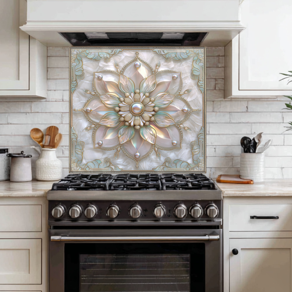 Pearl Look Tempered Glass Kitchen Wall Panel | Elegant Kitchen Decor