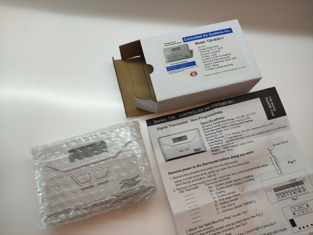 non programmable thermostat T20-B3D11, Single Stage Application Only