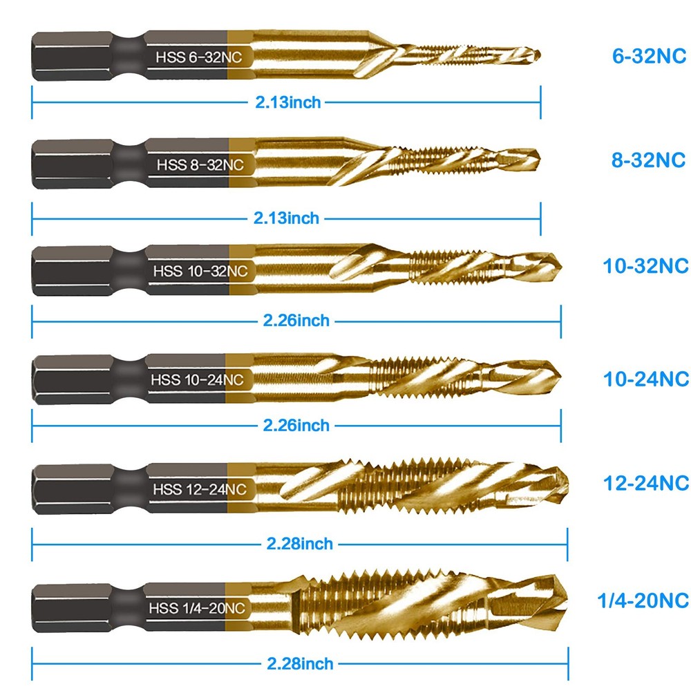 6 Packs Titanium Combination Drill & Taps Bit Set 6 Pcs Tap Set, Gold