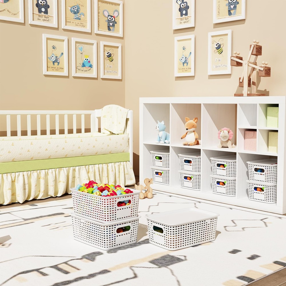 Plastic Storage Basket with Lids 12 Pack Stackable Storage Bins Containers wi...