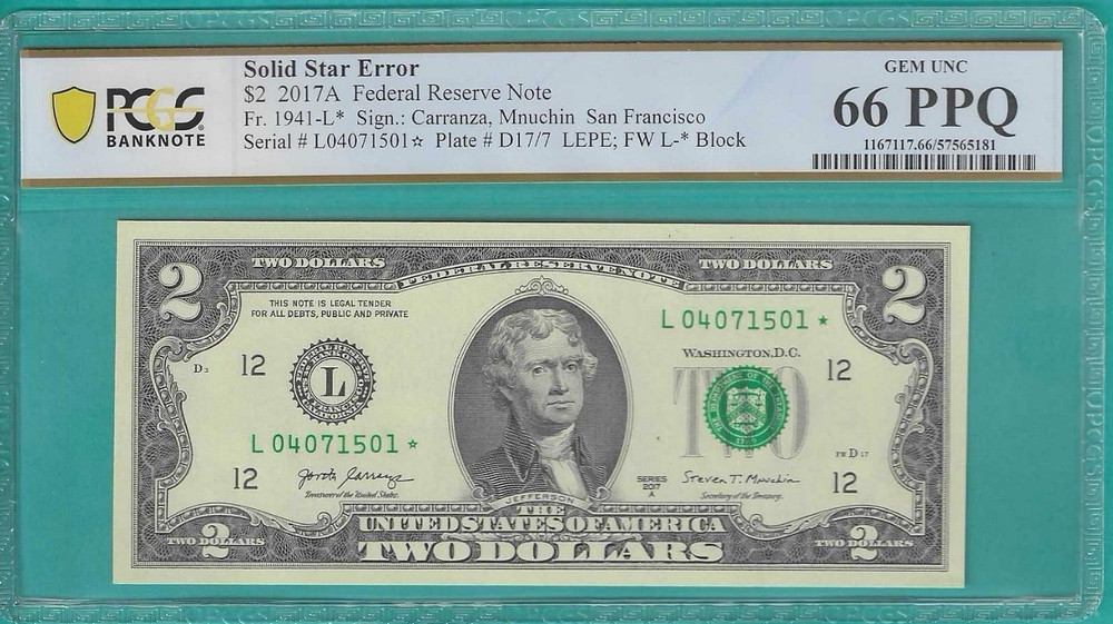 2017A Star $2 Two Dollar PCGS Graded Gem 66PPQ SOLID/FILLED STAR Error Note RARE
